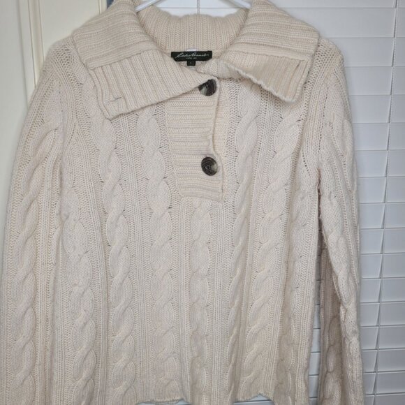 Eddie Bauer Sweaters - Eddie Bauer Womens Cable Knit Cream Sweater L Wool Blend Shawl buttons
